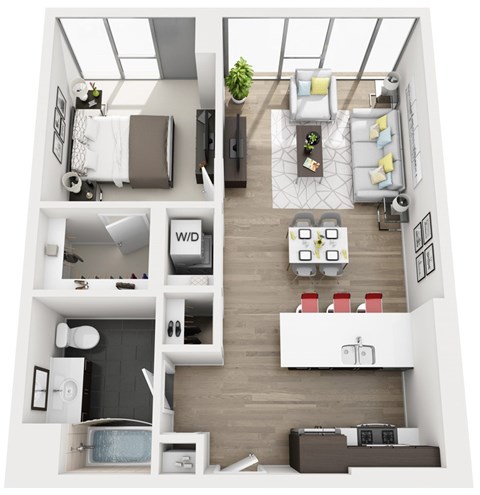 Floor plan for 1 bed, 1 bath, 725 sqft